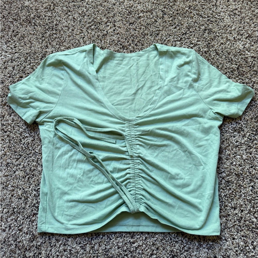 SHEIN Light Green Ruched V-Neck Crop Top